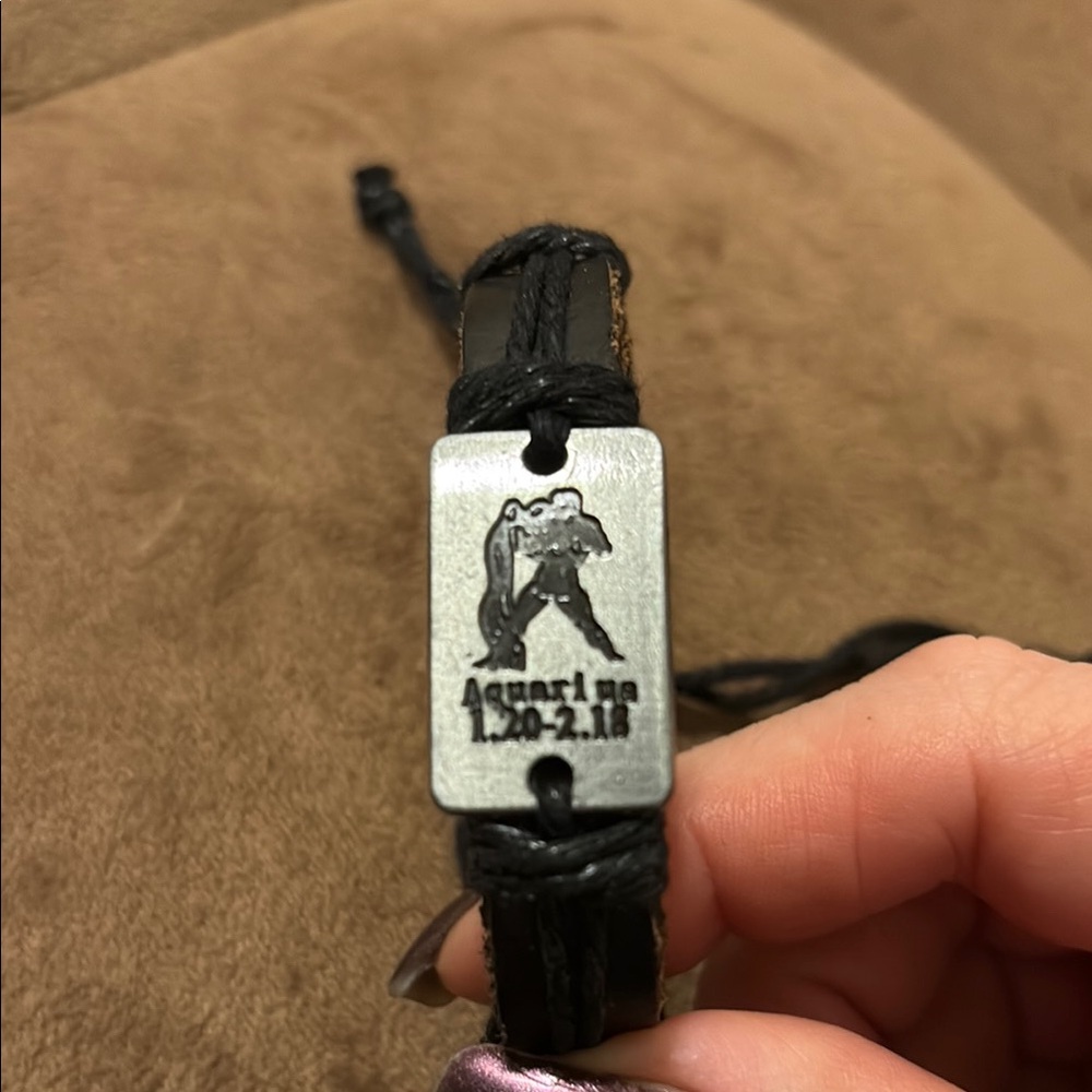 Black Leather Adjustable Aquarius Zodiac Bracelet